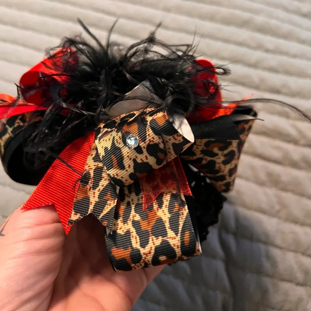 Leopard and Red with Feather Baby Hair Bow #23B